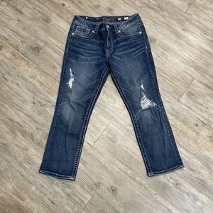 Miss Me Jeans Boyfriend Capri Pants Women's 28Blue Denim Distressed Raw Hem